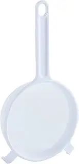 Cuisena Nylon Mesh Strainer 10cm Heat-Resistant Nylon Mesh for Easy Draining of Beans, Carrots, Noodles, Pasta, & Fruit, Long Handle w/Resting Hooks, Non-Reactive and Odour-Resistant - White