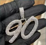 Custom Any 2 Number Mens Layered 2Ct Real Moissanite "90" Rapper Pendant Silver