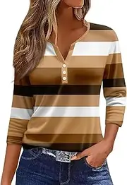 [Valtorixia] 3/4 Length Sleeve Women Henley V Neck Tops Casual Length Button Down Shirt Floral Print Blouses Plus Size Trendy Comfy Tees (color-b-16,X-Large)