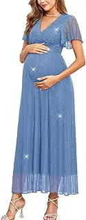 [AISWI] Maternity Sparkly Mesh Maxi Dress Ruffle Sleeve Wrap V Neck Flowy Pregnancy Dresses Baby Shower Photoshoot Formal