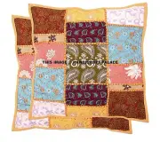 16" Handmade Yellow Cushion Case Patchwork Embroidered Throw Indian Pillow Cover