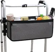 MDSTOP Walker Basket, Walker Bag Water Cup Holder, Foldable Walker Attachment Hands-Free Storage Bag for Elderly, Senior, Large Capacity with Zippered Phone Pocket (Not Fit Rollator Walkers) (Grey)