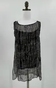 Eileen Fisher Womens Black Streaky Plaid Printed Crinkle Silk Tunic Top Sz S NWT