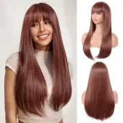 Brown Wig With Bangs For Women Long Straight Brown wig Heat Resistant Synthet...