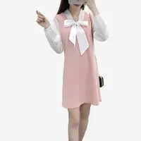 在飛比找Yahoo奇摩購物中心優惠-領綁帶雪紡拼接長袖洋裝 (黑 卡其 粉紅)三色售 11850