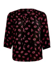 TORRID 1X Peasant Blouse Georgette Lips Black Collarless Notched 3/4 sleeve Top