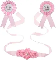 VICASKY 3pcs Mommy Daddy Corsage Set Maternity Sash Pregnancy Belly Band Flower Sashes for Baby Shower Photo Memory