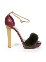 Leather Fur Trim Heeled Sandals