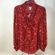 Chicos Womens Red Heart Leopard Print Bow Blouse Sz 0 US XS 4 Button Shirt NWT