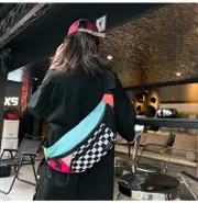 GGP Multi Coloured Patchwork Black And White Check Trendy Checkered Crossbody Bag Color Block Chest Bag For Men And Women, Lightweight Nylon Waist Bag