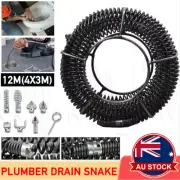 Plumber Drain Snake Pipe Cleaner Pipeline Sewer 12M w 6 Drill Bit Tool Metal AU