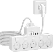 LEUTED 9-in-1 Power Strip with USB, 5-Way Socket with 2 USB A & 2 USB C, Multiple Socket Single Switch for Kitchen, Living Room, Office, Bedroom, Wall Mounted Power Strip with 2 m Cable, White