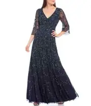 Aidan Mattox Navy Illusion 3/4 Sleeve Beaded Mesh Formal Long Dress 8 NWT $548