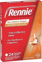 Rennie NAS Orange Flavoured Chewable Tablet for Heartburn and Indigestion Treatment 24 Tablets