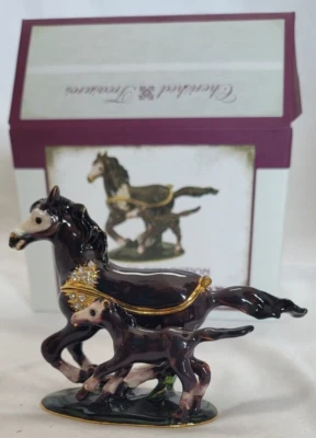 Horse and Colt Enamel Rhinestone Hinged Trinket Box Magnetic Closure Jewelry Box