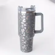 40oz Tumbler with Handle & Straw with Lid Silver Leopard Stainless Steel
