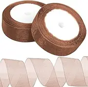 Tanstic 2Pcs 25 Yards x 1 Inch Dark Coffee Organza Ribbon Chiffon Ribbon Sheer Ribbons Sheer Chiffon Ribbon Sheer Organza Ribbon for Gift Wrapping, Bouquet