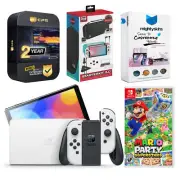Nintendo Switch White OLED + Mario Party Superstars Game + Accessory Gamer Kit