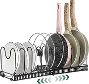 [DAWNTREES] Expandable Pans Organizer Rack, Rubber Coated Wave Base Pot Rack with 10 Adjustable Compartments for Organizing Kitchen Cabinets Cookware Pots Lids Baking Pans Bowls and More