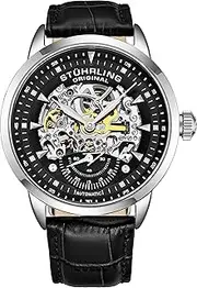 [Stührling] Original Mens Automatic Watch Skeleton Watches for Men - Black Leather Watch Strap Mechanical Watch Silver Executive Watch Collection