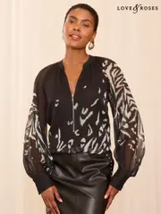 Love & Roses Black Animal Petite Zip Front Mix Sheer Long Sleeve Length Blouse (AD6951) | $60