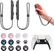 HTTDSLF 14 Piece Wrist Strap Set, Adjustable Elastic Controller Wristband, Hand Grip Replacement Accessories, Gamepad Handle Lock Wrist Strap Lanyard (Black), with 12 Joystick Thumb Grip Cap