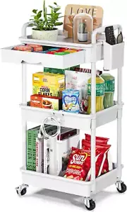 3-Tier Rolling Utility Cart - Drawer, Plastic Shelves, Lockable Wheels, White