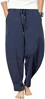 [WZIKAI] Mens Cotton Linen Pants,Elastic Waist Loose Fit Drawstring Summer Beach Pants for Men Jogger Yoga Trousers