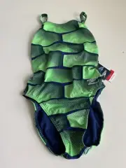 Speedo Endurance+ Flyback Racing Cut Swimsuit Size 26 Green/Blue Competition NEW