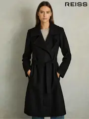 Reiss Black Rae Petite Wool Blend Belted Double Breasted Coat With Cashmere (AK0943) | $775