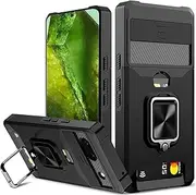 for Google Pixel 8a Case with [Card Holder], rojarou for Pixel 8a Case with [Slide Camera Cover] [360° Rotate Ring Kickstand] Heavy Duty Protective Phone Cover Case for Pixel 8a-Black