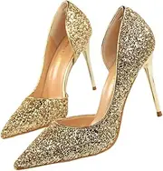 [TINEASUR] Pointed Toe High Heel Shoes Sequins Thin Heel Dress Shoes Stylish for Banquet Party Size 40 Eu39 Us8 Uk5.5 Golden
