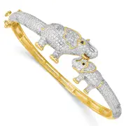 Sterling Silver Rh-Plated Gold Tone Mom And Baby Cz Elephants Hinged Bangle