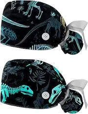 [YTYVAGT] 2-Pc,Nurse Scrub Caps,Scrub Hats with Buttons and Cotton Sweatband,Art Dinosaur Skeleton Pattern