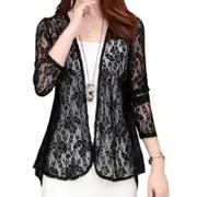 Women's Summer Lace Cardigan Spring Autumn Hollow Out See Through Shirts For Casual School Daily Routine Outfit Black M