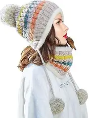 [BDSHUNBF] Women Winter Beanie Hat, Pom Pom Knitted Hat Scarf Set, Winter Bobble Hats, for Ladies and Mans Outdoor Sports Ski White, White, One size