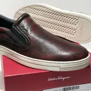 FERRAGAMO Slip-on 8 D 41 Men's MIRAGGIO Brown Pebbled Leather Loafers Sneakers