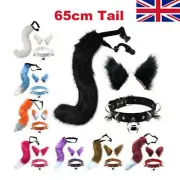 3PCS Cosplay Cat Ears Headband Furry Fox Tail Halloween Bell Neck Choker Set UK