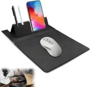 Portable Mouse Pad, Leather Laptop Pad with Phone & Pen Holder, Black