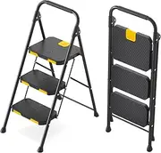 KINGRACK 3 Step Ladder, Sturdy Steel Folding Step Stool with Safe-Lock Design, Handrail, Anti-Slip Wide Pedals, Pass 360 KG Load Testing, Portable Stepladder for Multi-Purpose, Home, Kitchen, Black