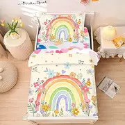 NTBED 4 Pieces Toddler Bedding Set for Baby Girls, Rainbow Floral Printed, Includes Comforter, Flat Sheet, Fitted Sheet and Pillowcase,White