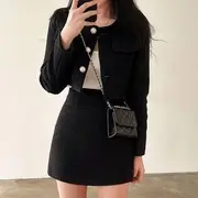Faux Pearl Button-Up Jacket / High Rise Mini A-Line Skirt Skirt - Black - M