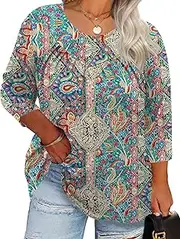 [TFSDOD] Womens Plus Size Tops 3/4 Length Sleeve Blouses Crew Neck Shirts Casual Loose Tunic Tops 1X-5X