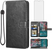 Asuwish Compatible with Nokia C12 Wallet Case Tempered Glass Screen Protector and Leather Flip Cover Card Holder Stand Cell Accessories Phone Cases for NokiaC12 C 12 Women Men Black