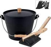 Ash Bucket With Lid, 1.3 Gallon Metal Fireplace Bucket for Ashes, Includes Shovel, Hand Broom and Gloves for Wood Burning Stove, Fire Pit and Grill