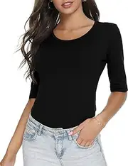 [RightPerson] Women's Basic Half Sleeve Round Neck T-Shirt Stretchy Casual Cotton Tops