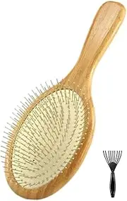 Wooden Paddle Detangling Brush Metal Bristle Hair Brush for Women and Men, Anti-frizz Styling Hairbrush Comb for Curly Fine Wavy Normal Hair, Scalp Massage Brush, Wet or Dry Use