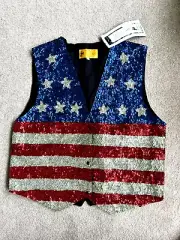 Vintage Stars Stripes USA Flag Vest Sequins Adjustable Back size Large New NOS