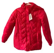 Justice Girls Winter Puffer Jacket Red Hood Zip Snap Front Pockets 8/10 Plus New