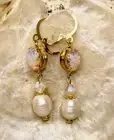 Victorian Pink Fire Opal & White Baroque Pearl In Gold Plated Drop Earrings